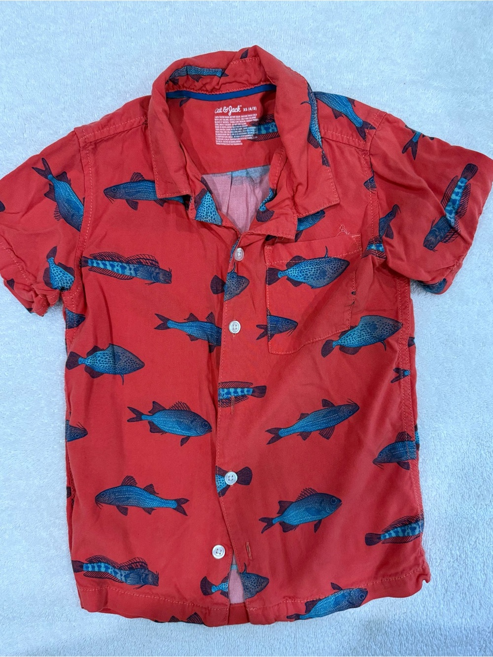 Cat & Jack Red Short Sleeve Fish Print Button-Front Shirt